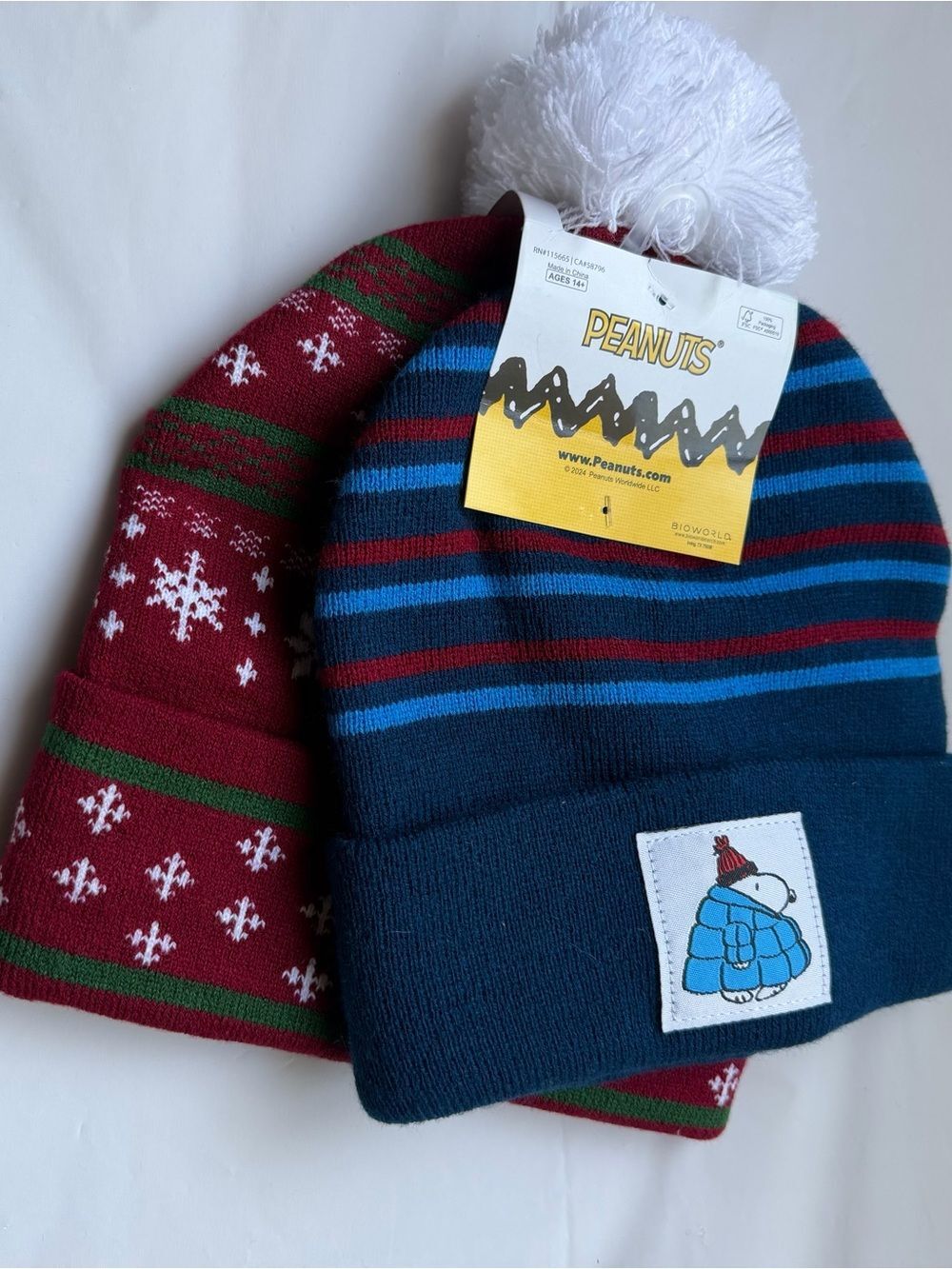 NEW Peanuts Snoopy Striped Snowflake Winter Beanie Hat 2 Pack Bioworld
